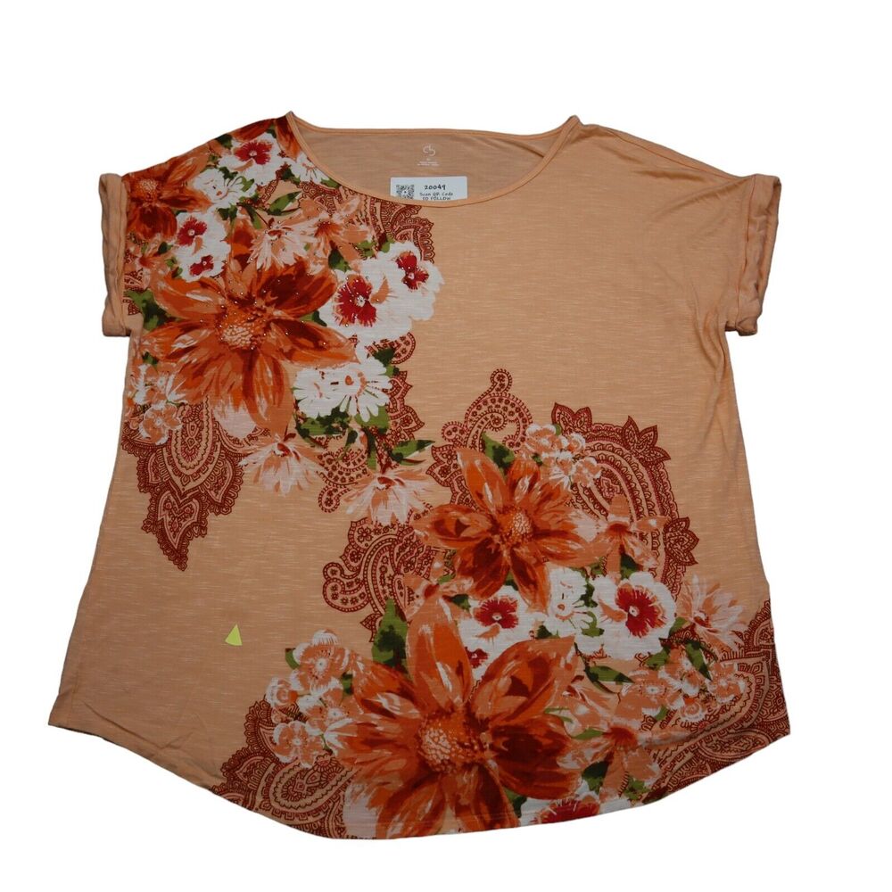 DB Shirt Womens XL Orange Short Sleeve Round Neck Stretch Pullover Blouse